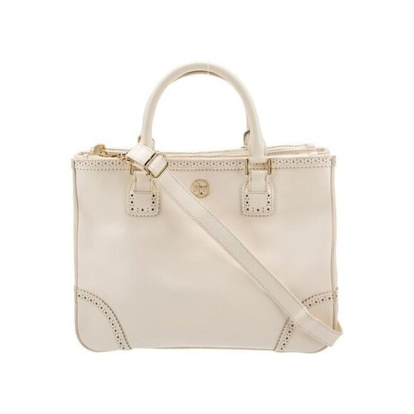 Tory Burch Cream Leather Laser-Cut Tote Bag Snap Top Handle Shoulder Purse - Picture 1 of 8